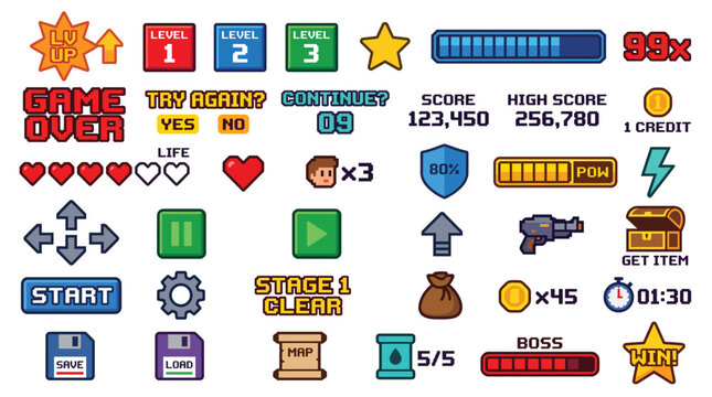 Pixel art game interface elements set with buttons icons and hud components