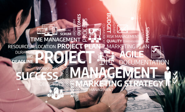 Engaging image depicting the concept of project management in a modern office, featuring key terms and diagrams that highlight success, strategy, and efficiency in business planning. Tessel