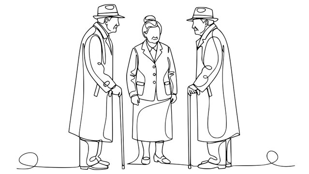 Elderly people talking. Continuous one line drawing of grandfathers with canes and a grandmother