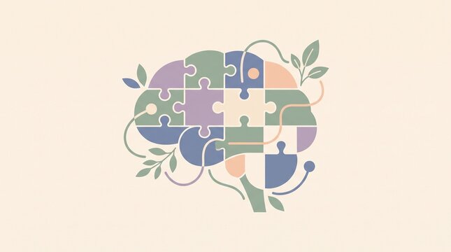 Modern mental health awareness graphic featuring an abstract brain made from colorful puzzle shapes, symbolizing understanding, connection, healing and emotional wellbeing.