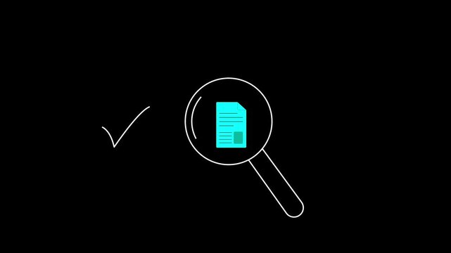 digital file scanning search with document found and check mark confirmation on dark background.