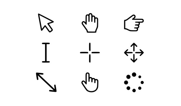 Cursor Icon Set with Pointer, Hand, Text, Crosshair, and Loading Symbols in Outline Style for Web and UI Design