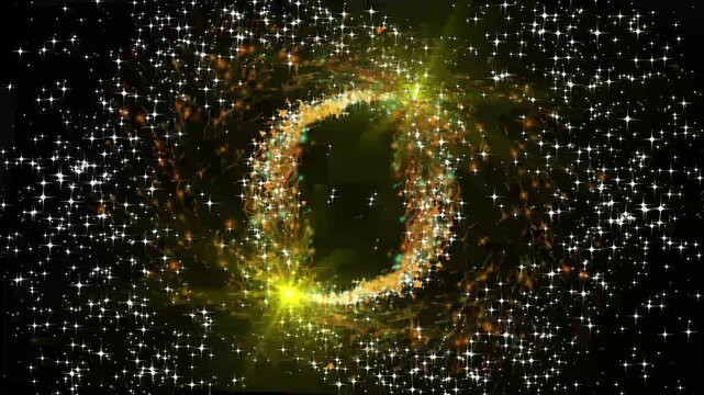 Enchanting celestial sparkle dust flowing across dark space, brilliant golden shooting star tail, glittering particle trail, luminous flare effect, fantasy motion graphics loop,4k