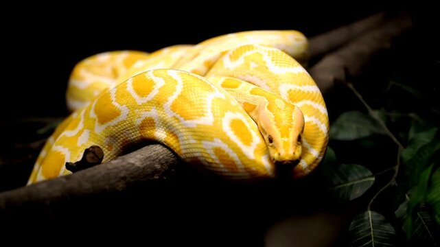 White and yellow snake setting on branch of tree and move around branch with dark background