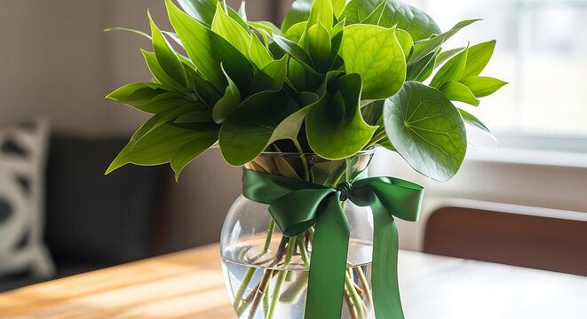 Fresh Green Plant Bouquet in Glass Vase with Ribbon