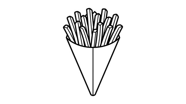 French fries in a paper cone wrapper in black and white outline. Hand-drawn line art vector illustration for fast food, snack, and restaurant menu concepts.