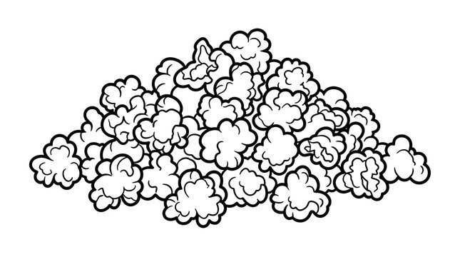 Large pile of popped popcorn in black and white outline. Hand-drawn line art vector illustration for cinema, movie theater snacks, and entertainment concepts.