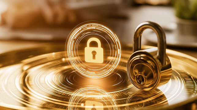Digital Security and Privacy: A gleaming golden padlock is depicted on a reflective surface, symbolizing digital security and privacy in the modern world. A holographic lock icon hovers above.