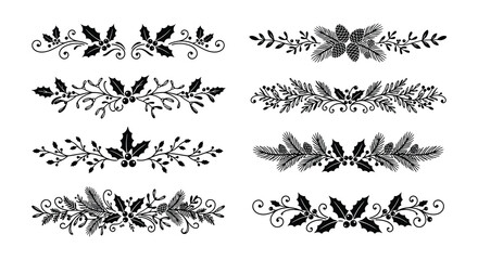 Collection of black vector holly and pine branch ornaments on white background © nurjahan