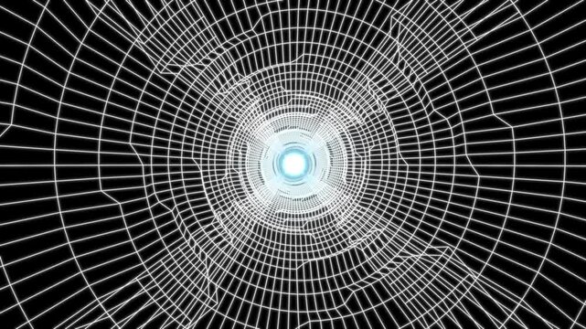 Abstract white wireframe vortex, futuristic digital tunnel camera zooming animation.