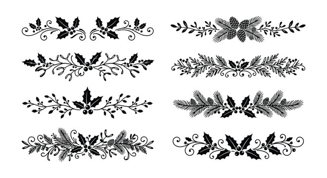 Collection of black vector holly and pine branch ornaments on white background