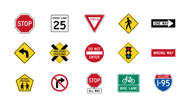 U.S. Traffic and Road Sign Icon Set Flat Vector Illustration