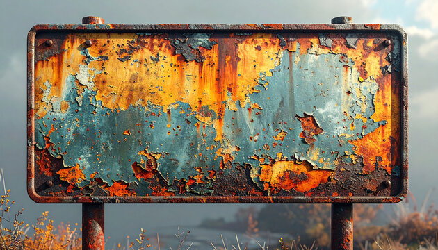 A close-up view of a heavily rusted and weathered metal sign with peeling blue paint, mounted on two rusty poles against a blurred outdoor background.