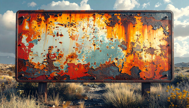 Heavily rusted metal sign with vibrant abstract patterns in a desolate desert landscape under a cloudy sky.