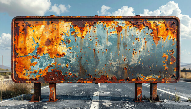 A heavily rusted and weathered metal sign stands on an abandoned road under a cloudy sky, showing severe corrosion and peeling paint.