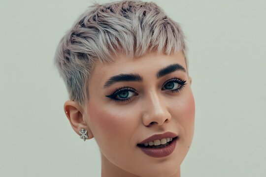 Close up portrait of young woman with short silver hair and makeup