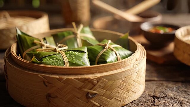 Traditional zongzi sticky rice dumplings in bamboo steamer.