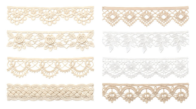 Set of vintage lace trim borders isolated on transparent background