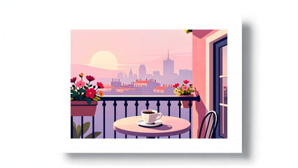 Obraz premium Serene City Morning: A tranquil balcony view of a city skyline at sunrise, with a steaming cup of coffee on a small table, surrounded by vibrant flowers.