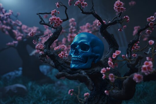 Blue metallic skull resting on a branch of a blossoming tree at night