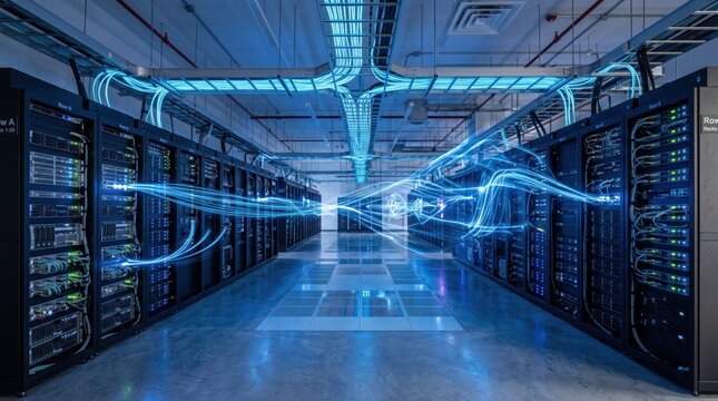 Futuristic data center server room with glowing blue optical fiber cables connecting racks, high tech cloud computing infrastructure, artificial intelligence network
