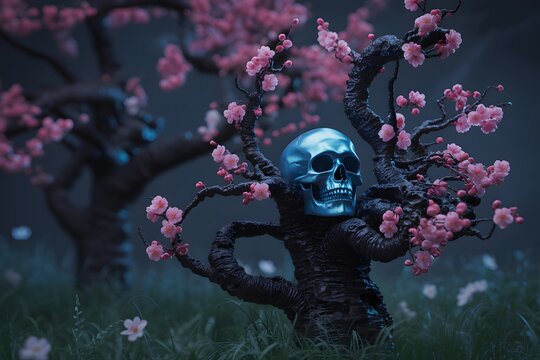 Glowing blue metallic skull nestled in dark blossoming tree branches