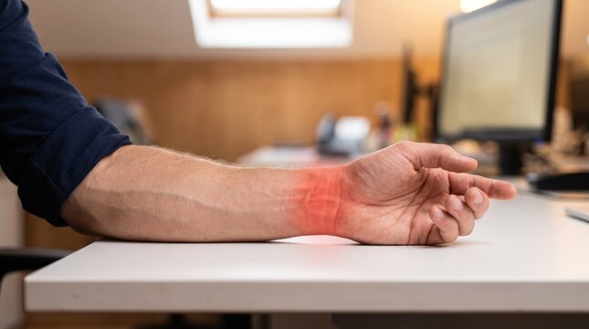 Male arm resting on a white office desk showing wrist pain with a red glowing effect indicating inflammation, carpal tunnel syndrome, repetitive strain injury, arthritis