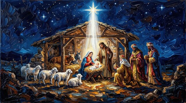 Classic oil painting of christmas nativity scene