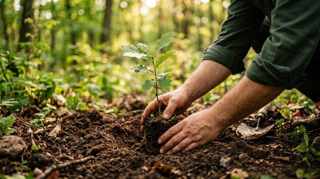 Close up of male hands planting a young oak sapling into fertile soil in a green forest, reforestation and environmental conservation, sustainable ecology, gardening activity