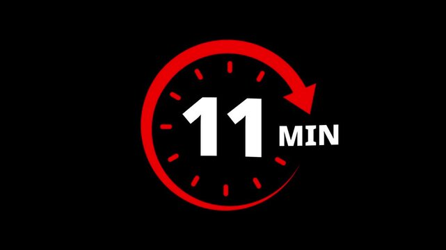 Red circular timer icon indicating 11 minutes countdown with arrow animation. 11 minutes clock timer. Timer 11 minutes countdown clock with circular arrow. 11 Min arrow clock icon animation.