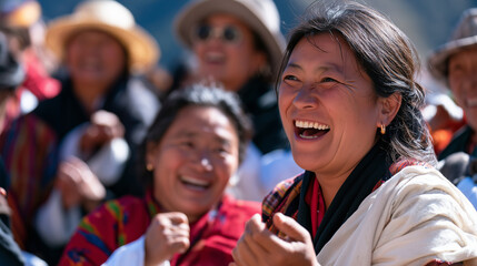 Obraz premium Cheerful Bhutanese Women Celebrating Together During the Annual Laya Highland Festival Event
