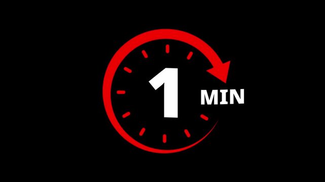 Red circular timer icon indicating 1 minute countdown with arrow animation. 1 minute clock timer. Timer 1 minute countdown clock with circular arrow. 1 Min arrow clock icon animation.
