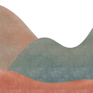 Mid-century modern abstract landscape illustration featuring soft rolling hills in terracotta and muted teal, perfect for minimalist wall prints, website banners, and stylish stationery.