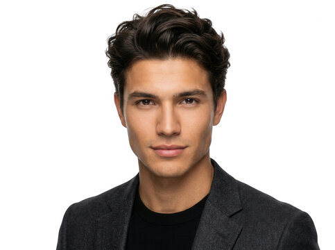 Retrato de estudio de un hombre joven guapo y atractivo con cabello oscuro y chaqueta oscura mirando a la c&aacute;mara sobre un fondo blanco aislado.