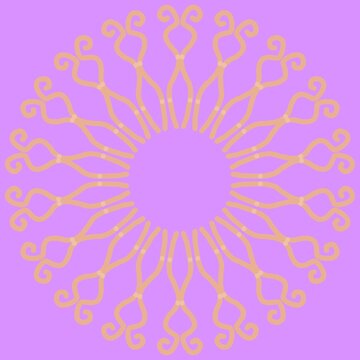 Symmetrical intricate mandala, beige filigree scrollwork on lavender background