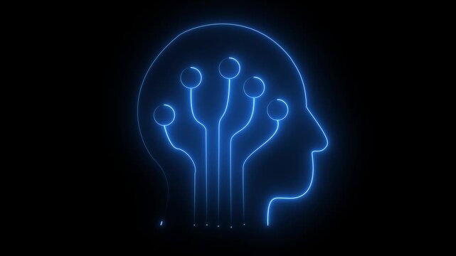 Glowing neon ai-brain icon isolated on black background Video motion graphic animation icon artificial intelligence 4k.