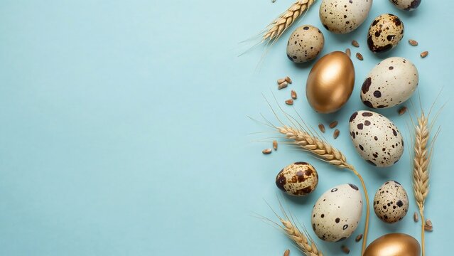 Easter eggs composition with golden eggs and wheat ears on blue background