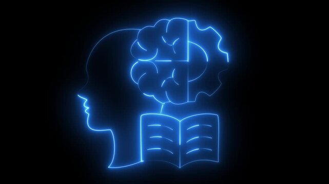 glowing neon human head with brain gear and open book icon isolated on black background, representing Practical Knowledge 4k