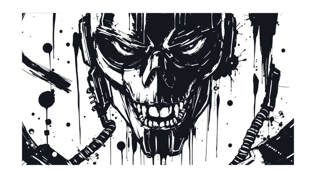 Robotic Skull Illustration with Menacing Features Grunge Splatters and Cybernetic Elements Perfect for Tech horror or Dystopian Themes