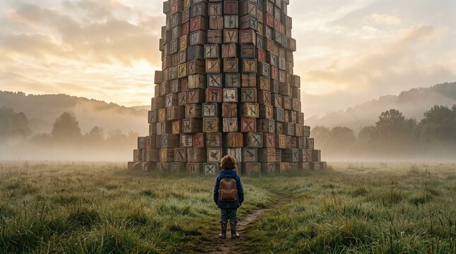 Person standing in front of towering stack of colorful boxes at dawn  