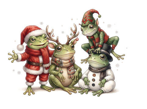 Cute Christmas Frogs in Santa, Reindeer, Elf and Snowman Costumes