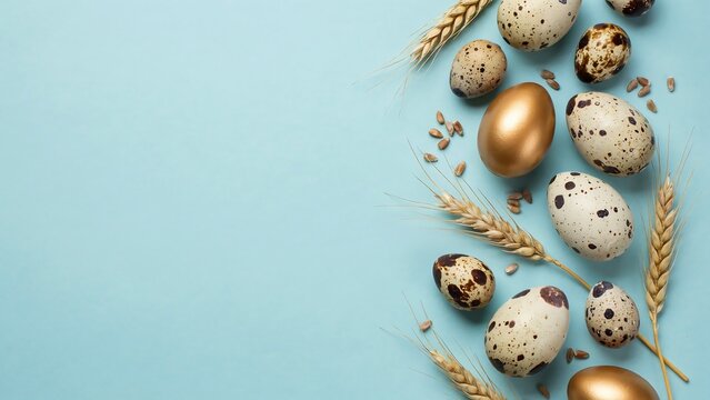 Easter eggs composition with golden eggs and wheat ears on blue background