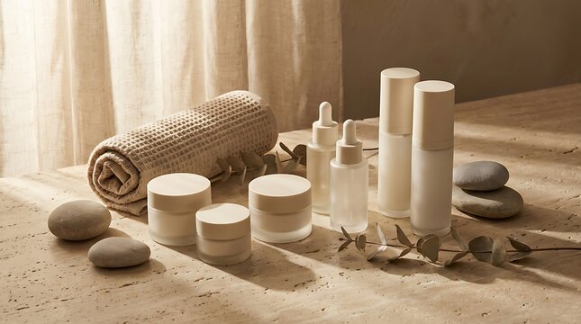 Natural skincare products with bamboo containers and spa stones on a wooden table in sunlight. beauty bundle deals. cosmetic discount packages