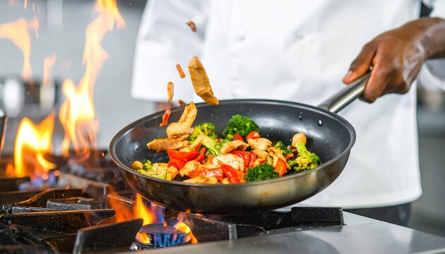 Professional Chef Stir Frying Fresh Chicken and Vegetable Medley in a Flaming Wok in a Modern Commercial Kitchen Setting