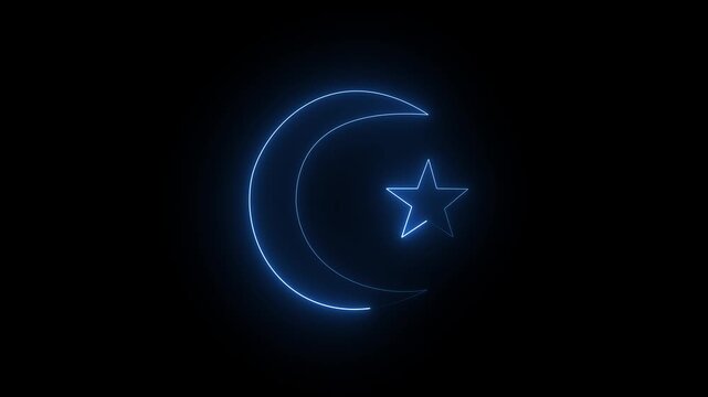 Blue Neon Crescent Moon and Star on Black - A glowing blue neon sign depicting the Islamic symbol of a crescent moon and star on a black 4k video.