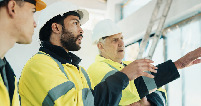 Team, inspection and men with supervisor in building, talking and planning for property development. Civil engineering, people and collaboration for quality assurance, point and renovation project