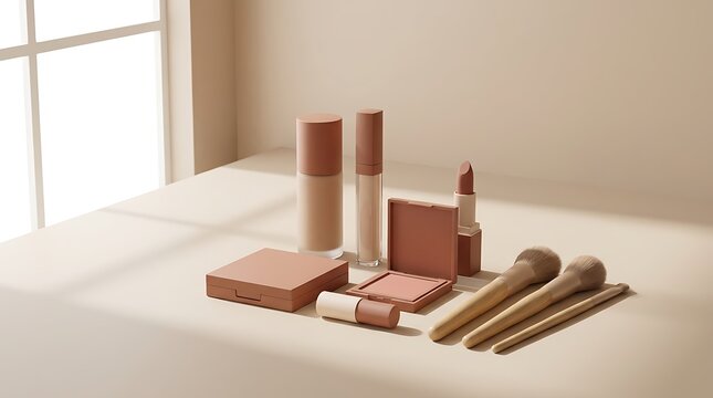 Set of cosmetic makeup products and brushes on a soft beige surface near a bright window. makeup combo offers. makeup combo offers