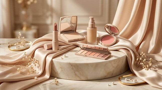 Beauty cosmetic products collection with makeup items on a round display stand. makeup combo offers