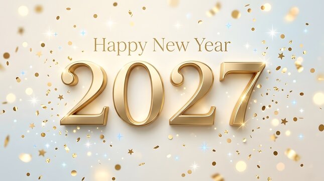 Happy new year 2027 greeting card with gold metallic numbers and shiny confetti on a light background