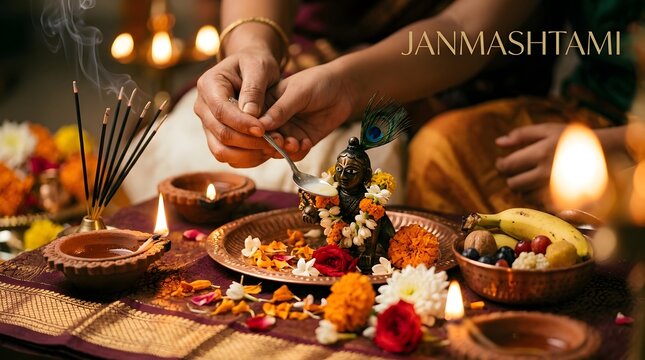 Janmashtami celebration with hands offering prayer and ritual items on altar